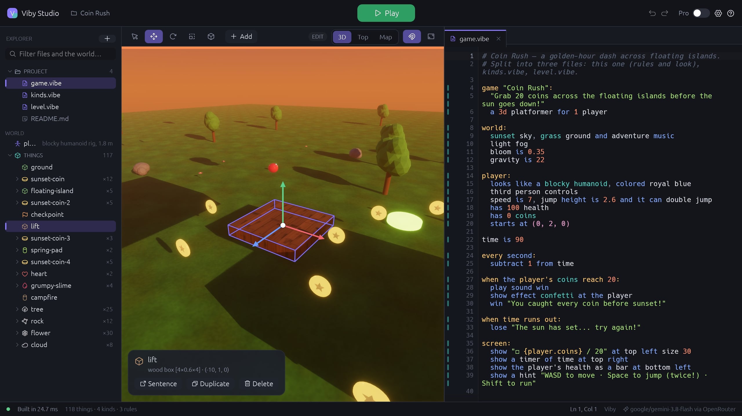 Viby Studio: 3D-вид с гизмо перемещения и файл игры с предложениями